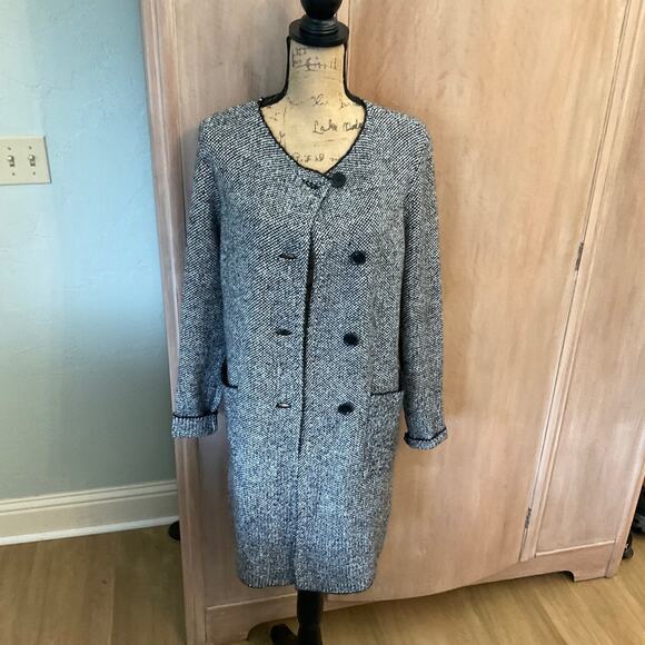 VTG Claiborne wool button front cardigan sweater coat houndstooth black white M - Picture 1 of 15